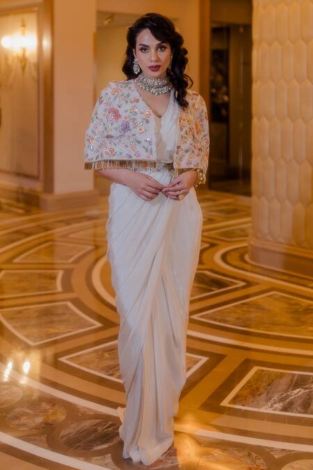 Shop_Paulmi And Harsh_White Saree And Blouse Crepe Cape Cotton Silk Floral Pre-stitched Set With_Online_at_Aza_Fashions