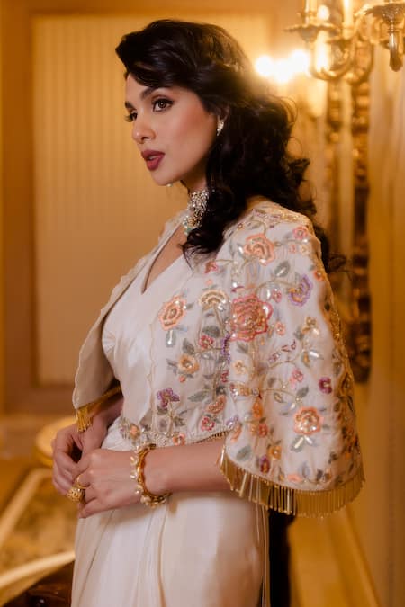 Paulmi And Harsh_White Saree And Blouse Crepe Cape Cotton Silk Floral Pre-stitched Set With_at_Aza_Fashions