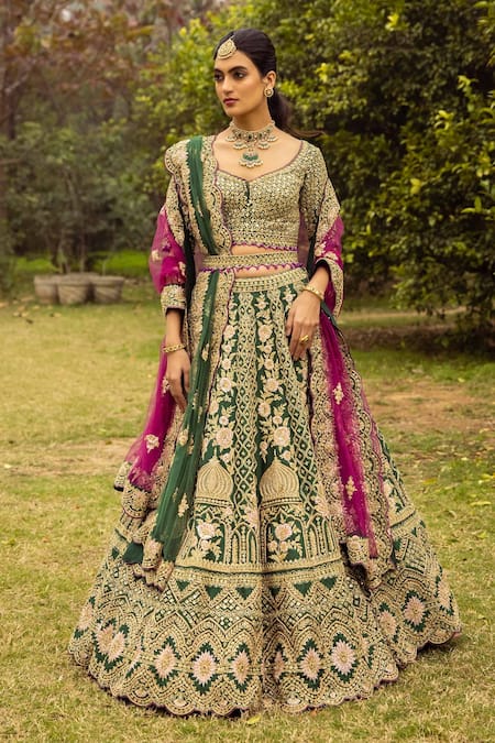 Angad Singh Raw Silk Floral Embroidered Bridal Lehenga Set 