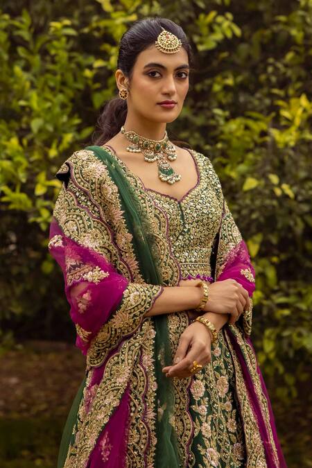 Angad Singh Green Dupattas- Net, Lehenga And Blouse- Raw Silk Floral, Embroidered Bridal Set Online at Aza Fashions Angad Singh_Green Dupattas- Net, Lehenga And Blouse- Raw Silk Floral, Embroidered Bridal Set _Online_at_Aza_Fashions