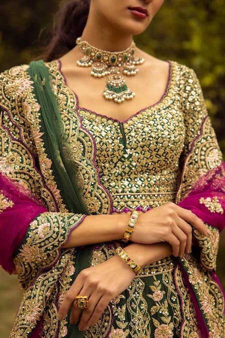 Buy Angad Singh Green Dupattas- Net, Lehenga And Blouse- Raw Silk Floral, Embroidered Bridal Set Online at Aza Fashions Buy_Angad Singh_Green Dupattas- Net, Lehenga And Blouse- Raw Silk Floral, Embroidered Bridal Set _Online_at_Aza_Fashions
