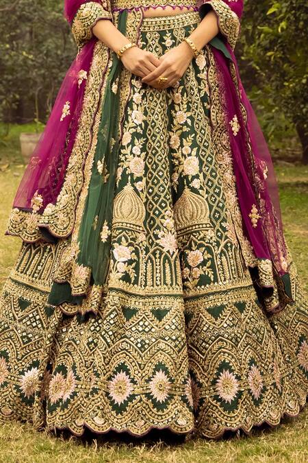 Green Embroidered Silk Blend Semi Stitched Lehenga Choli Wit