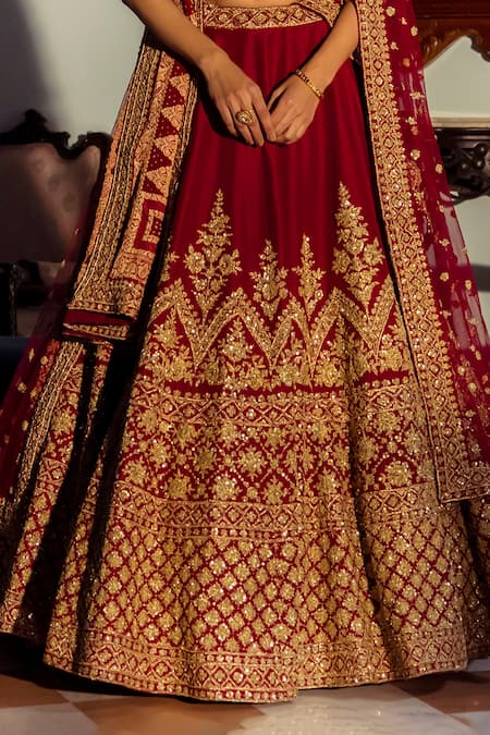 Buy Maroon Lehenga And Blouse Velvet Embroidered Thread Sequin & Zari Set  For Women by LASHKARAA Online at Aza Fashions.