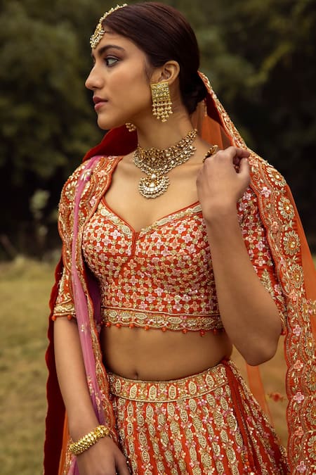 Shop_Angad Singh_Orange Dupattas- Net, Lehenga And Blouse- Raw Silk Floral Embroidered Bridal Set _at_Aza_Fashions