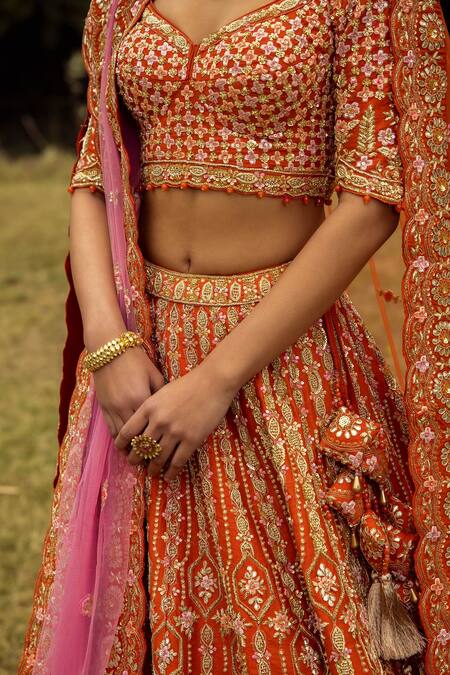 Angad Singh_Orange Dupattas- Net, Lehenga And Blouse- Raw Silk Floral Embroidered Bridal Set _Online_at_Aza_Fashions