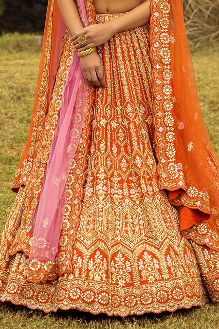 Buy_Angad Singh_Orange Dupattas- Net, Lehenga And Blouse- Raw Silk Floral Embroidered Bridal Set _Online_at_Aza_Fashions