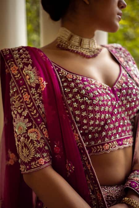 Angad Singh_Pink Dupattas- Net, Lehenga And Blouse- Raw Silk Floral V Embroidered Bridal Set _Online_at_Aza_Fashions