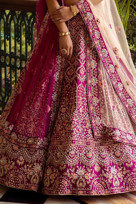 Buy_Angad Singh_Pink Dupattas- Net, Lehenga And Blouse- Raw Silk Floral V Embroidered Bridal Set _Online_at_Aza_Fashions