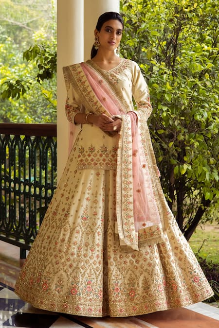 Angad Singh Raw Silk Embroidered Kurta Lehenga Set 