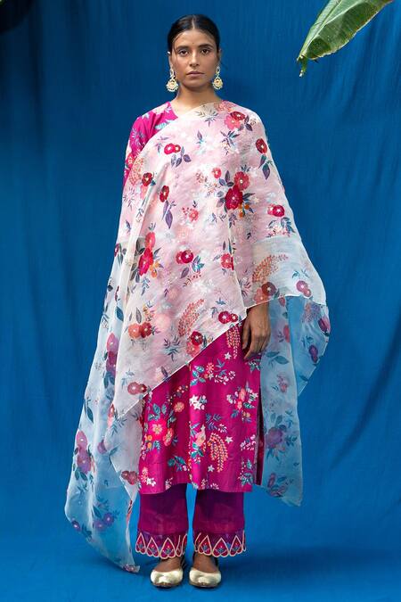 Pita Nila Maroon Mulmul, Chanderi And Organza Bead & Thread, Kurta & Pant Set Online at Aza Fashions Pita Nila_Maroon Mulmul, Chanderi And Organza Bead & Thread, Kurta & Pant Set _Online_at_Aza_Fashions