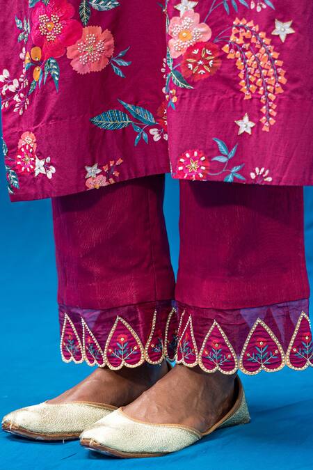 Shop Pita Nila Maroon Mulmul, Chanderi And Organza Bead & Thread, Kurta & Pant Set Online at Aza Fashions Shop_Pita Nila_Maroon Mulmul, Chanderi And Organza Bead & Thread, Kurta & Pant Set _Online_at_Aza_Fashions