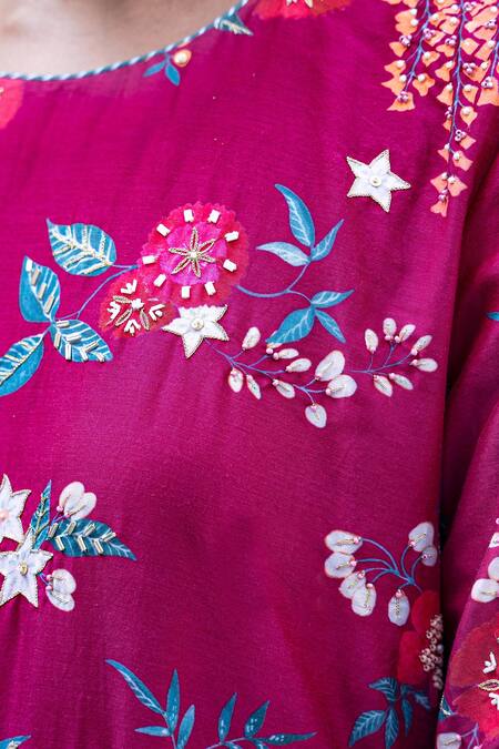 Pita Nila Maroon Mulmul, Chanderi And Organza Bead & Thread, Kurta & Pant Set at Aza Fashions Pita Nila_Maroon Mulmul, Chanderi And Organza Bead & Thread, Kurta & Pant Set _at_Aza_Fashions