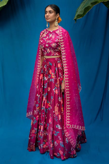 Pita Nila_Maroon Cupro Tussar, Raw And Organza Bead & Thread, Floral Lehenga Set _Online_at_Aza_Fashions