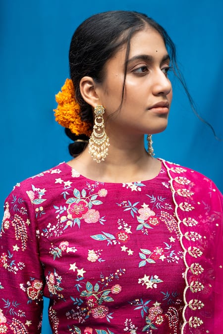 Buy_Pita Nila_Maroon Cupro Tussar, Raw And Organza Bead & Thread, Floral Lehenga Set _Online_at_Aza_Fashions