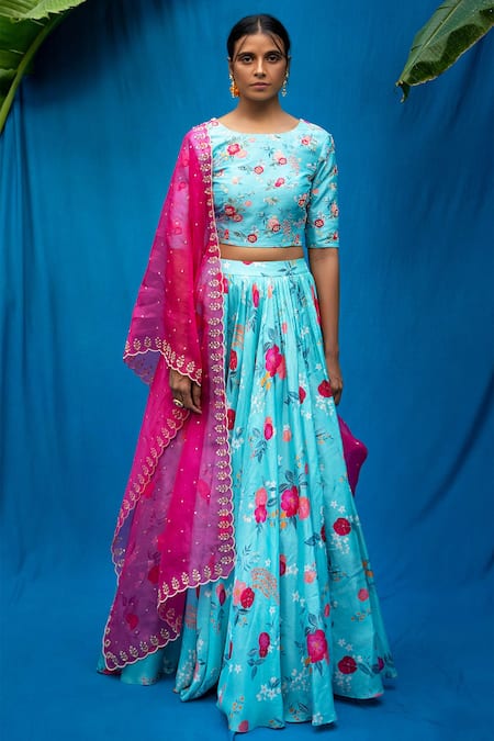 Introducing rose pink lehenga with navy blue blouse and cream dupatta  Available for 3400 INR… | Blouse designs silk, Backless blouse designs,  Indian fashion trends