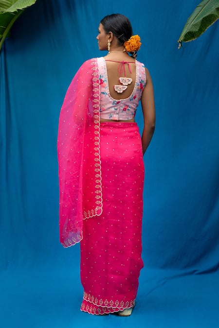 Shop_Pita Nila_Pink Organza And Raw Print & Embroidery Saree With Blouse  _at_Aza_Fashions