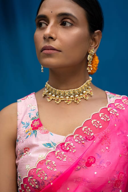 Pita Nila_Pink Organza And Raw Print & Embroidery Saree With Blouse  _Online_at_Aza_Fashions