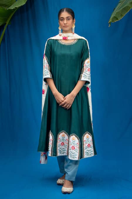 Pita Nila Green Chanderi And Soft Cotton Thread & Sequin, Applique, Bead Anarkali & Pant Set 
