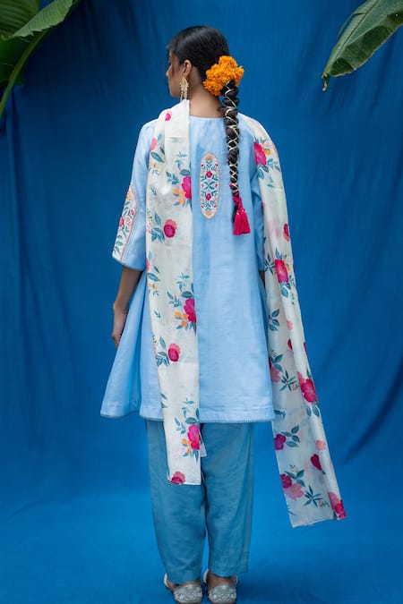 Shop Pita Nila Blue Chanderi And Soft Cotton Thread & Sequin, Applique, Anarkali & Salwar Set at Aza Fashions Shop_Pita Nila_Blue Chanderi And Soft Cotton Thread & Sequin, Applique, Anarkali & Salwar Set _at_Aza_Fashions