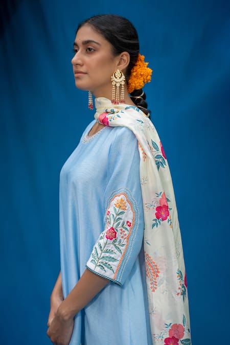 Pita Nila Blue Chanderi And Soft Cotton Thread & Sequin, Applique, Anarkali & Salwar Set Online at Aza Fashions Pita Nila_Blue Chanderi And Soft Cotton Thread & Sequin, Applique, Anarkali & Salwar Set _Online_at_Aza_Fashions