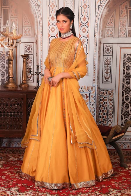 Esha Koul_Yellow Organza, Chanderi, Semi-crepe Sequin Work Round Anarkali With Dupatta_Online_at_Aza_Fashions