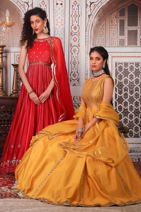 Shop_Esha Koul_Yellow Organza, Chanderi, Semi-crepe Sequin Work Round Anarkali With Dupatta_Online_at_Aza_Fashions