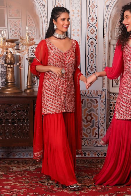 Esha Koul_Red Net, Georgette, Semi-crepe Gota, Sequin Work V Embellished Kurta Sharara Set_Online_at_Aza_Fashions