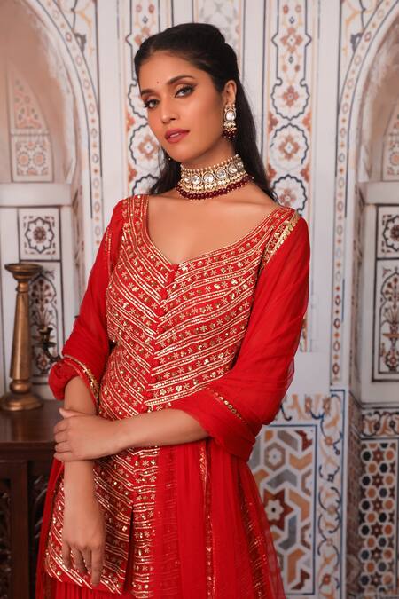 Buy_Esha Koul_Red Net, Georgette, Semi-crepe Gota, Sequin Work V Embellished Kurta Sharara Set_Online_at_Aza_Fashions