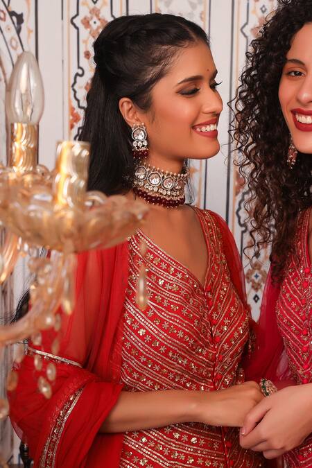 Shop_Esha Koul_Red Net, Georgette, Semi-crepe Gota, Sequin Work V Embellished Kurta Sharara Set_Online_at_Aza_Fashions