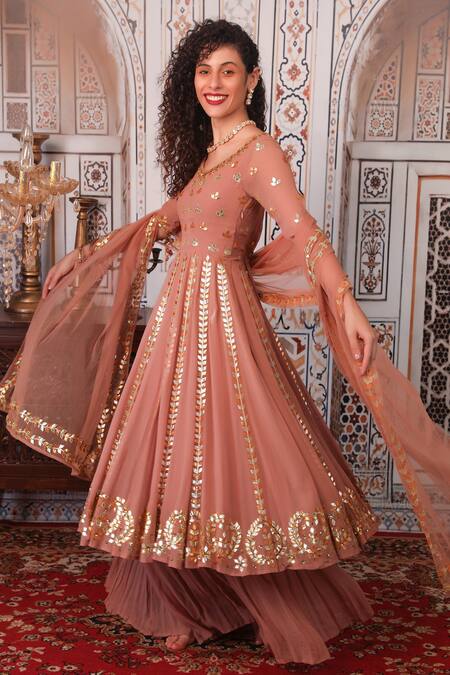 Esha Koul Peach Net, Georgette, Semi-crepe Gota, Sequin Work Leaf Embellished Anarkali Set Online at Aza Fashions Esha Koul_Peach Net, Georgette, Semi-crepe Gota, Sequin Work Leaf Embellished Anarkali Set _Online_at_Aza_Fashions