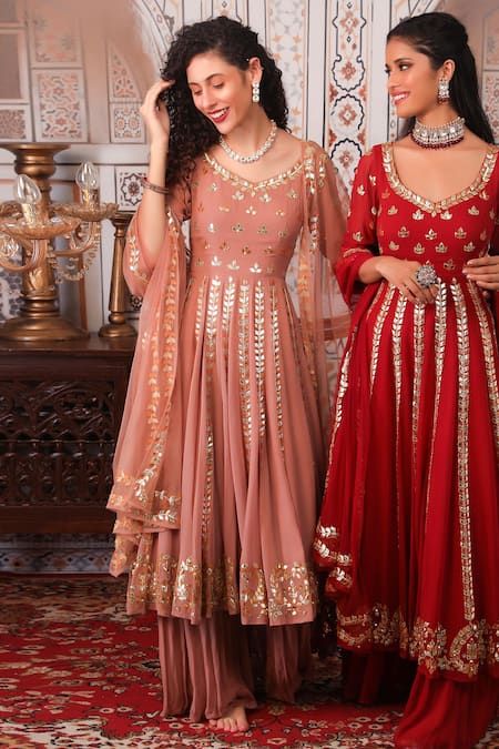 Buy Esha Koul Peach Net, Georgette, Semi-crepe Gota, Sequin Work Leaf Embellished Anarkali Set Online at Aza Fashions Buy_Esha Koul_Peach Net, Georgette, Semi-crepe Gota, Sequin Work Leaf Embellished Anarkali Set _Online_at_Aza_Fashions