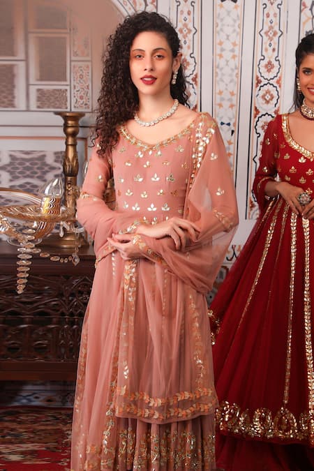 Shop Esha Koul Peach Net, Georgette, Semi-crepe Gota, Sequin Work Leaf Embellished Anarkali Set Online at Aza Fashions Shop_Esha Koul_Peach Net, Georgette, Semi-crepe Gota, Sequin Work Leaf Embellished Anarkali Set _Online_at_Aza_Fashions