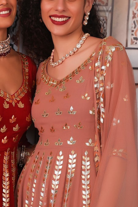Esha Koul Peach Net, Georgette, Semi-crepe Gota, Sequin Work Leaf Embellished Anarkali Set at Aza Fashions Esha Koul_Peach Net, Georgette, Semi-crepe Gota, Sequin Work Leaf Embellished Anarkali Set _at_Aza_Fashions