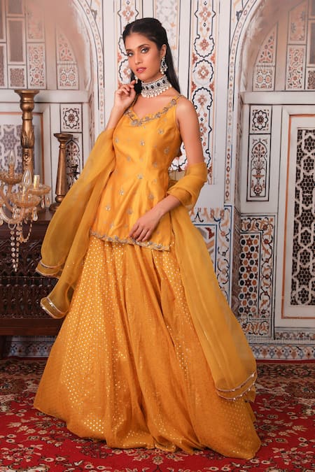 Esha Koul_Yellow Organza, Chanderi, Semi-crepe Gota, Sequin Embellished Kurta Lehenga Set _Online_at_Aza_Fashions