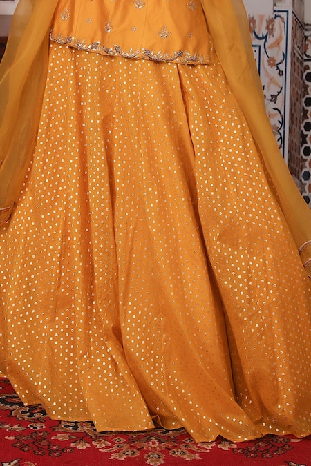 Shop_Esha Koul_Yellow Organza, Chanderi, Semi-crepe Gota, Sequin Embellished Kurta Lehenga Set _Online_at_Aza_Fashions