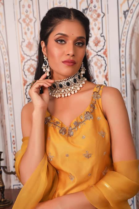 Esha Koul_Yellow Organza, Chanderi, Semi-crepe Gota, Sequin Embellished Kurta Lehenga Set _at_Aza_Fashions