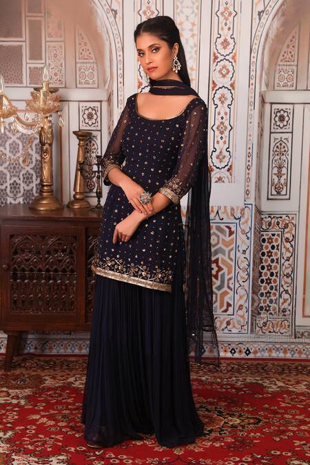 Esha Koul_Blue Net, Georgette, Semi-crepe Sequin Work Scoop Embellished Kurta Sharara Set_Online_at_Aza_Fashions