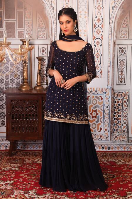 Buy_Esha Koul_Blue Net, Georgette, Semi-crepe Sequin Work Scoop Embellished Kurta Sharara Set_Online_at_Aza_Fashions