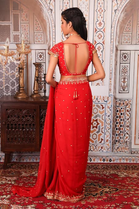 Shop Esha Koul Red Georgette, Semi-crepe Sequin, Nakshi Work Embellished Saree With Blouse at Aza Fashions Shop_Esha Koul_Red Georgette, Semi-crepe Sequin, Nakshi Work Embellished Saree With Blouse _at_Aza_Fashions
