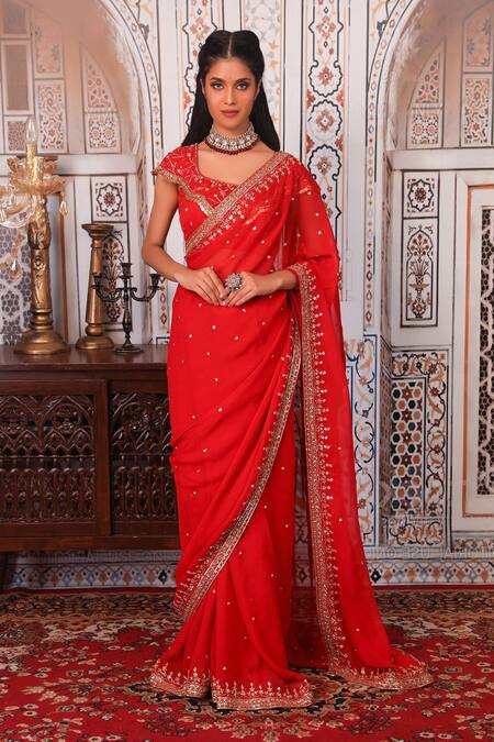 Esha Koul Red Georgette, Semi-crepe Sequin, Nakshi Work Embellished Saree With Blouse Online at Aza Fashions Esha Koul_Red Georgette, Semi-crepe Sequin, Nakshi Work Embellished Saree With Blouse _Online_at_Aza_Fashions