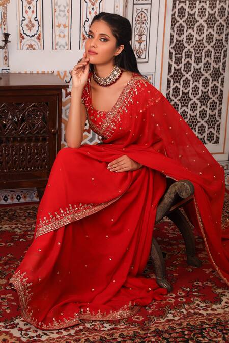 Shop Esha Koul Red Georgette, Semi-crepe Sequin, Nakshi Work Embellished Saree With Blouse Online at Aza Fashions Shop_Esha Koul_Red Georgette, Semi-crepe Sequin, Nakshi Work Embellished Saree With Blouse _Online_at_Aza_Fashions