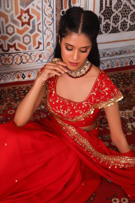 Esha Koul Red Georgette, Semi-crepe Sequin, Nakshi Work Embellished Saree With Blouse at Aza Fashions Esha Koul_Red Georgette, Semi-crepe Sequin, Nakshi Work Embellished Saree With Blouse _at_Aza_Fashions