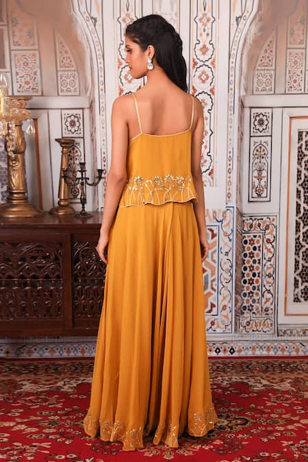 Shop Esha Koul Yellow Georgette, Semi-crepe Gota, Sequin Work Embellished Top And Palazzo Set at Aza Fashions Shop_Esha Koul_Yellow Georgette, Semi-crepe Gota, Sequin Work Embellished Top And Palazzo Set _at_Aza_Fashions