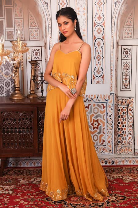 Esha Koul Yellow Georgette, Semi-crepe Gota, Sequin Work Embellished Top And Palazzo Set Online at Aza Fashions Esha Koul_Yellow Georgette, Semi-crepe Gota, Sequin Work Embellished Top And Palazzo Set _Online_at_Aza_Fashions