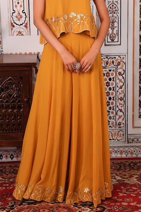 Shop Esha Koul Yellow Georgette, Semi-crepe Gota, Sequin Work Embellished Top And Palazzo Set Online at Aza Fashions Shop_Esha Koul_Yellow Georgette, Semi-crepe Gota, Sequin Work Embellished Top And Palazzo Set _Online_at_Aza_Fashions