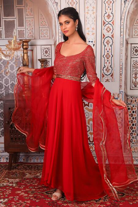 Esha Koul_Red Organza, Georgette, Semi-crepe Gota, Sequin Work Embellished Anarkali Set_Online_at_Aza_Fashions