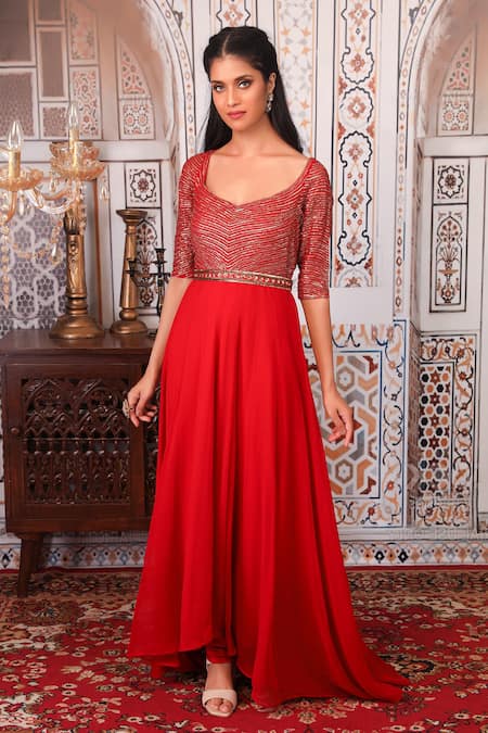 Buy_Esha Koul_Red Organza, Georgette, Semi-crepe Gota, Sequin Work Embellished Anarkali Set_Online_at_Aza_Fashions