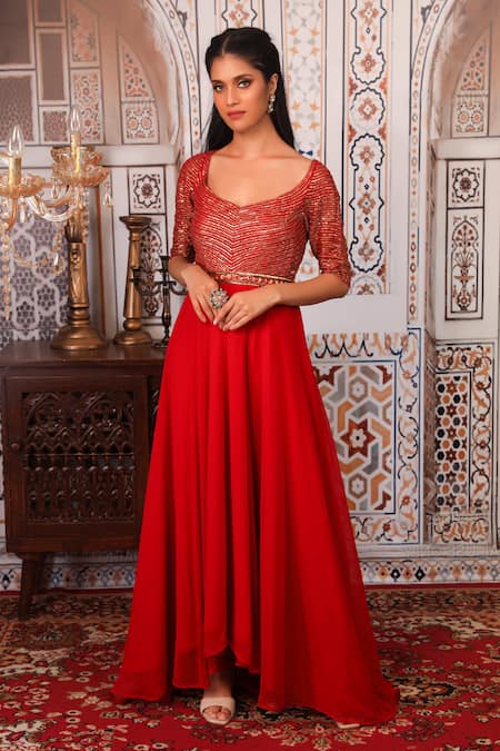 Shop_Esha Koul_Red Organza, Georgette, Semi-crepe Gota, Sequin Work Embellished Anarkali Set_Online_at_Aza_Fashions