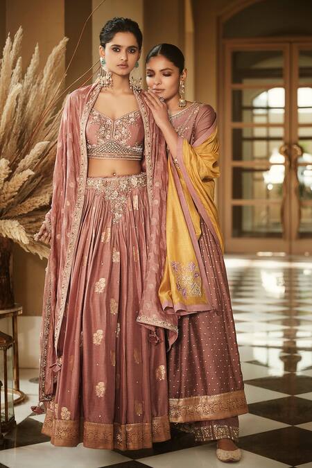 Buy_Matsya_Pink Blouse Chanderi Silk, Lehenga And Dupatta Handloom Vintage Kashi Set_Online_at_Aza_Fashions