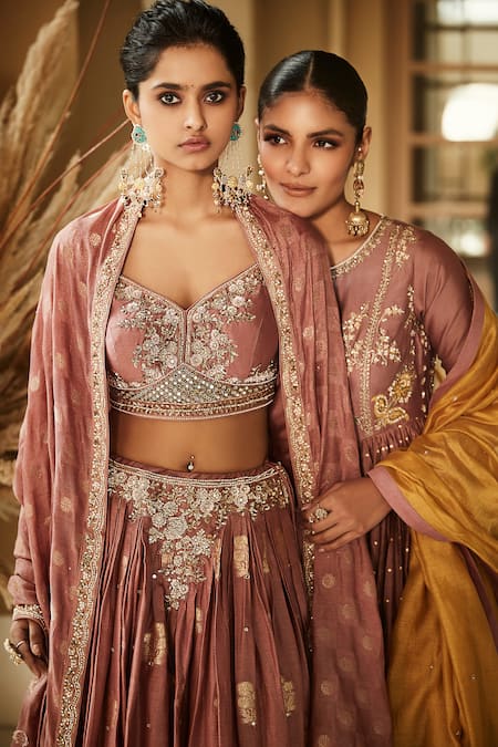 Shop_Matsya_Pink Blouse Chanderi Silk, Lehenga And Dupatta Handloom Vintage Kashi Set_Online_at_Aza_Fashions